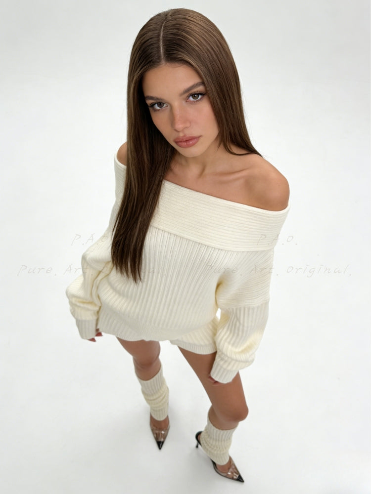 Off-Shoulder Knit Sweater & Relaxed Shorts Two-Piece Set