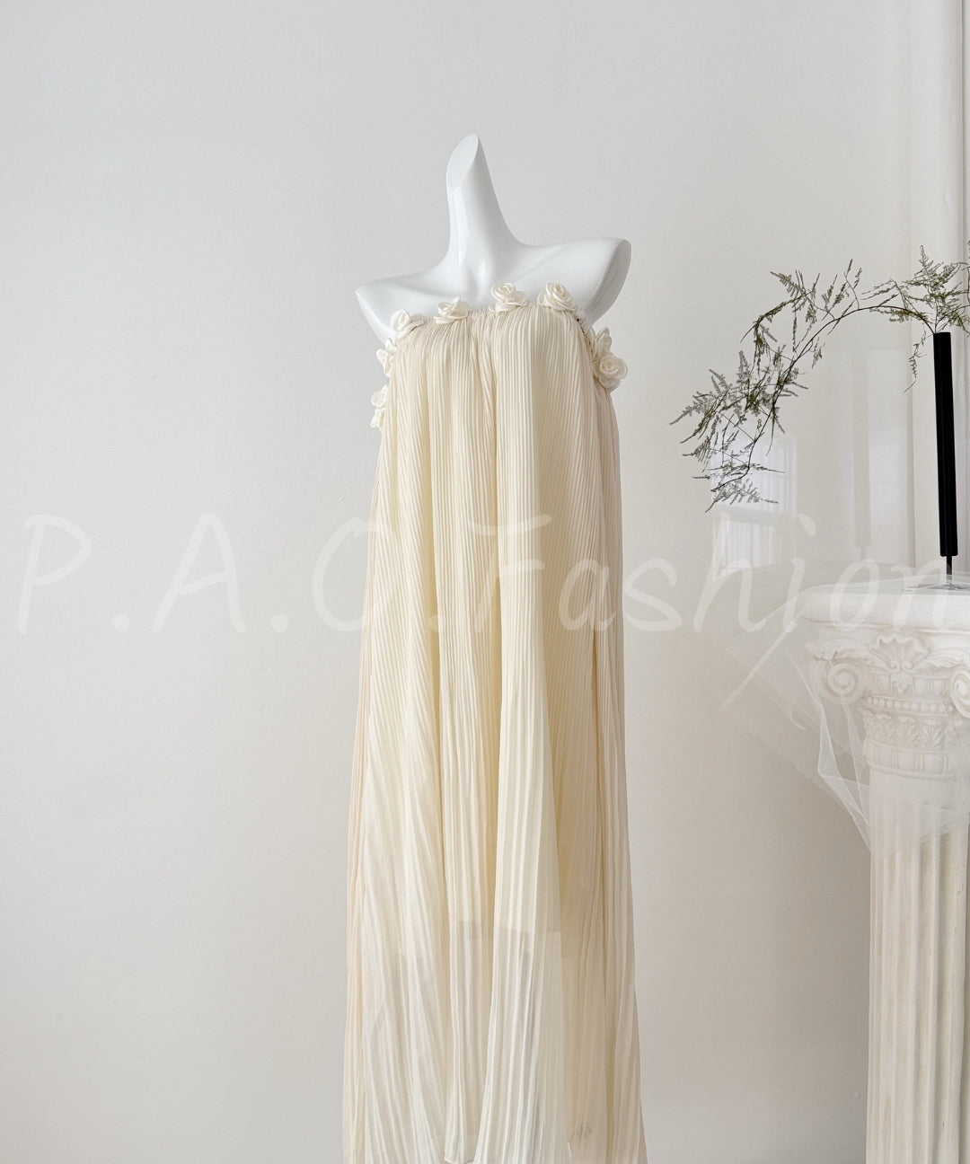 Strapless Pleated Chiffon Maxi Dress with Rosette Detail[Available Now]
