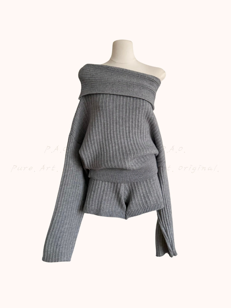 Off-Shoulder Knit Sweater & Relaxed Shorts Two-Piece Set