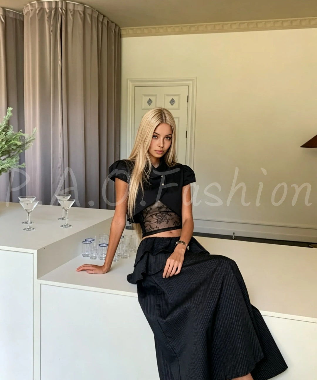 Cropped Puff Sleeve Jacket, Lace Bandeau & Tiered Maxi Skirt Three-Piece Set
