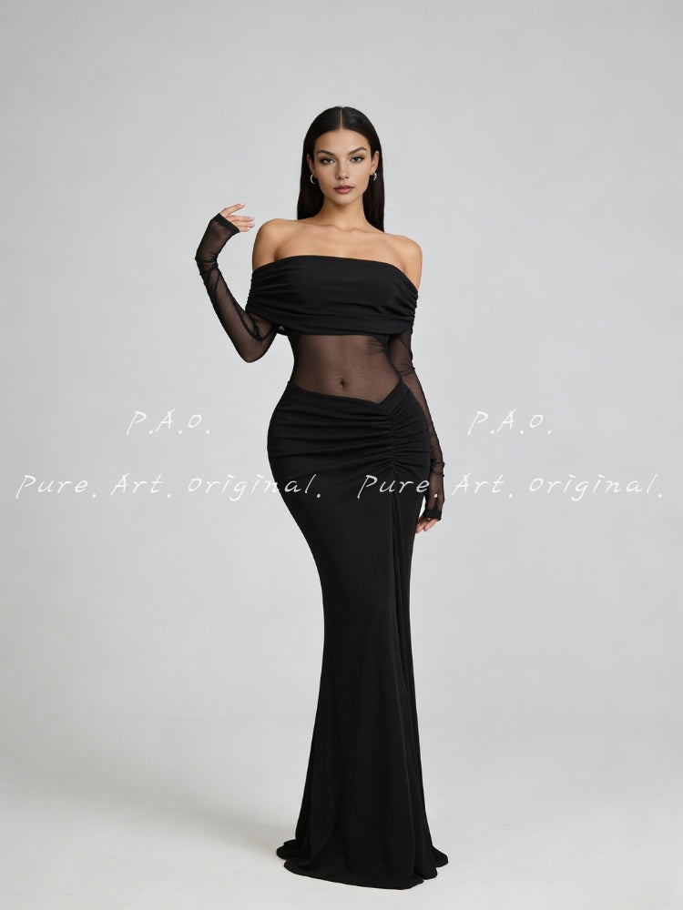 OFF-SHOULDER MESH PANEL MERMAID DRESS