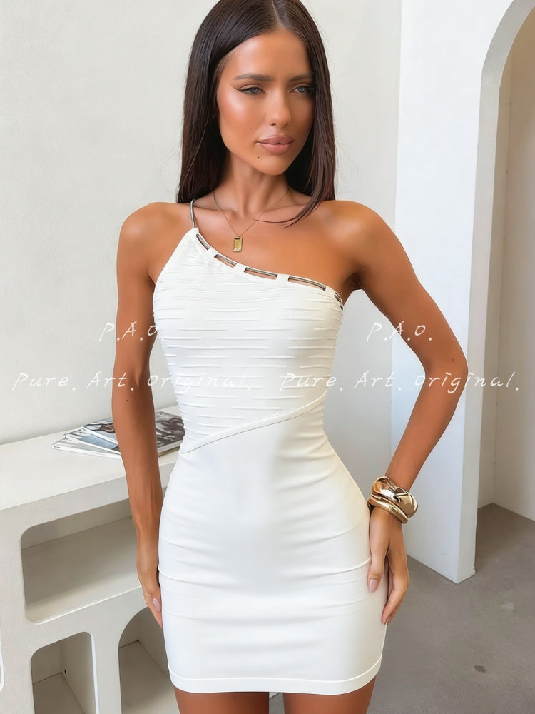 Aria Chain One-Shoulder Ribbed Bodycon Mini Dress