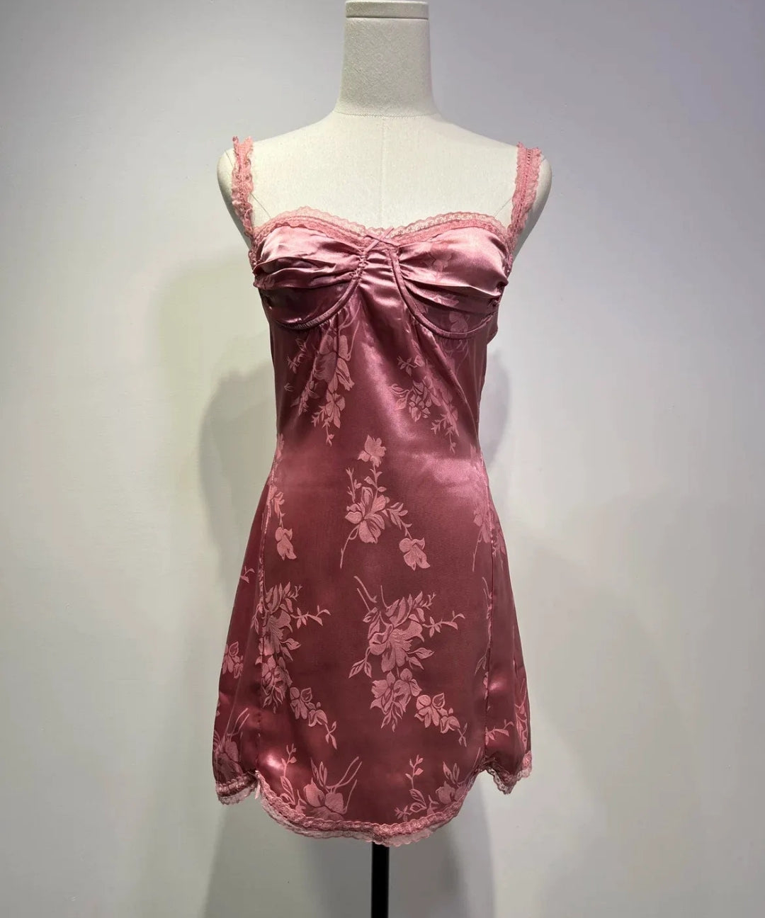 Satin Jacquard Lace-Trim Cami Dress