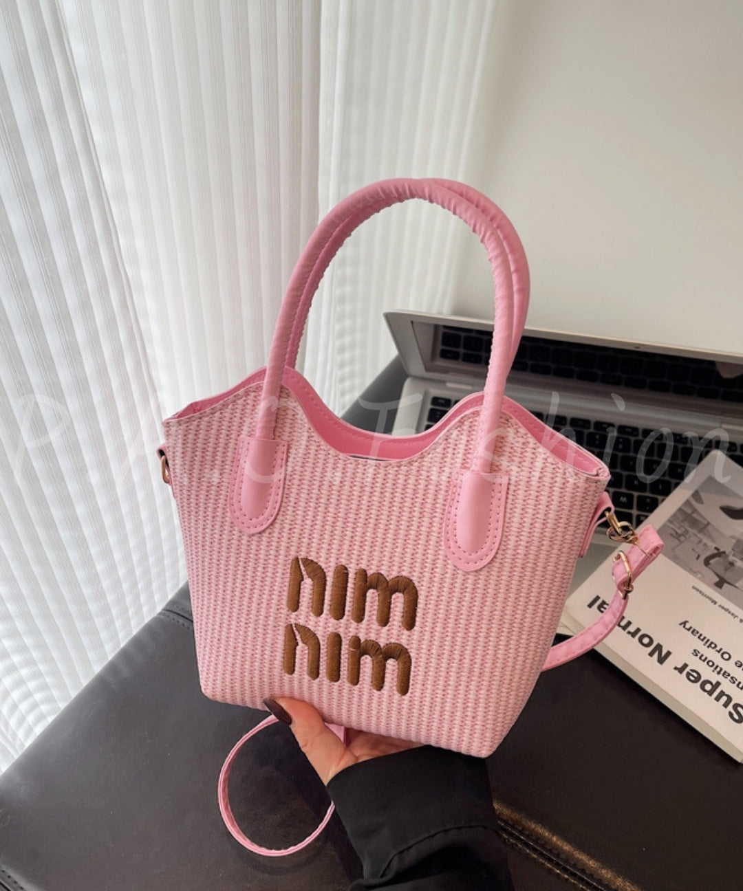 Woven Straw Contrast Crossbody Tote Bag