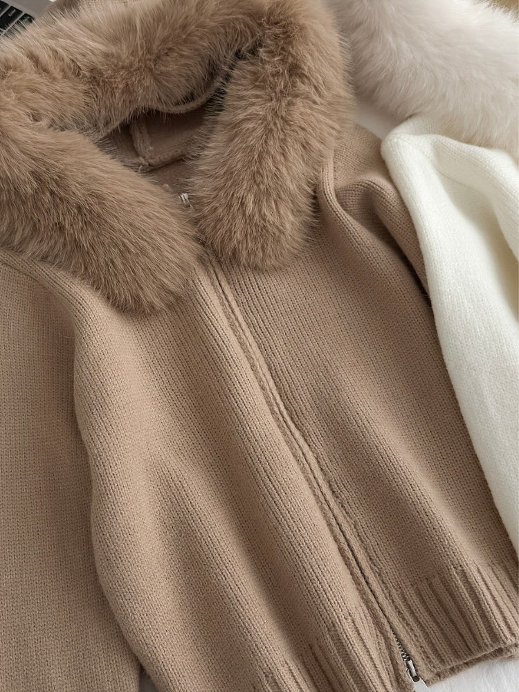 Large Faux Fox Fur Hooded Zip-Up Cardigan