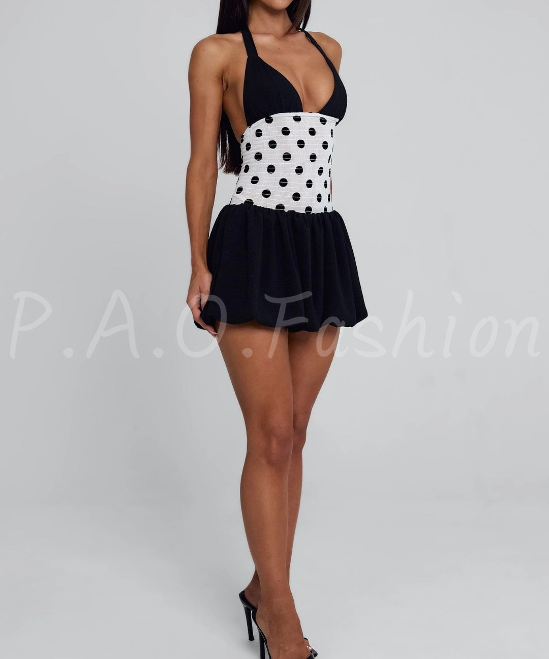 Polka Dot Halter Puff Mini Dress[Available Now]