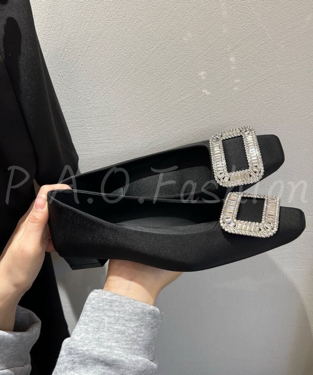 Square-Toe Satin Heels with Rhinestone Buckle