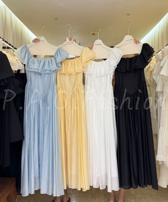 Off-Shoulder Ruffle Corset Maxi Dress