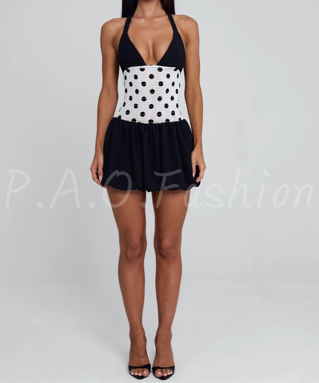 Polka Dot Halter Puff Mini Dress[Available Now]