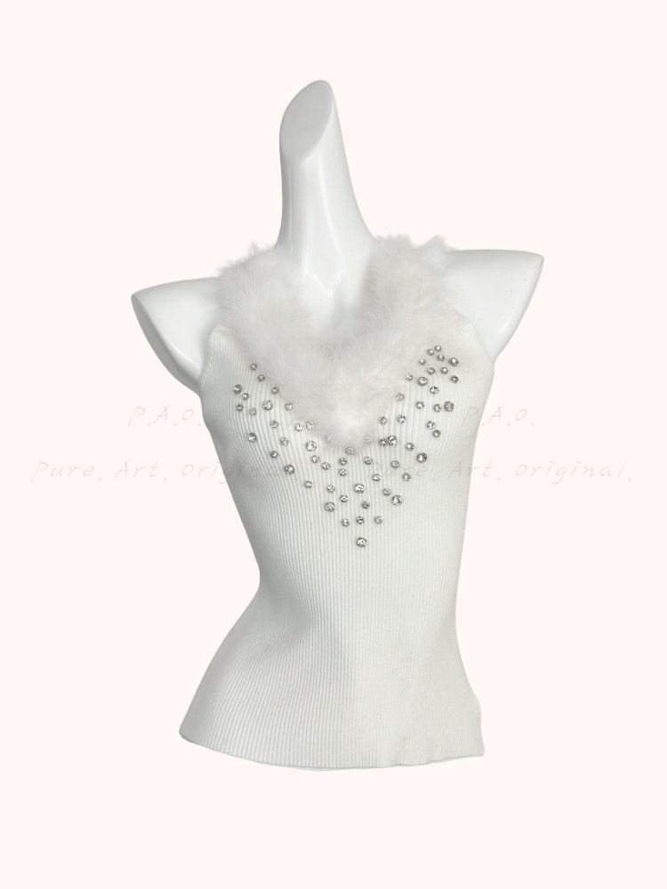 Faux Fox Fur & Hand-Embellished Rhinestone Knit Vest