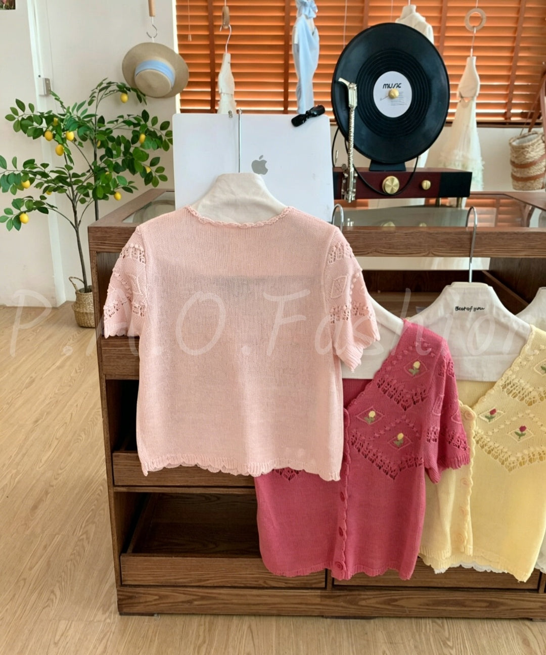 Embroidered Open-Knit V-Neck Short Sleeve Cardigan
