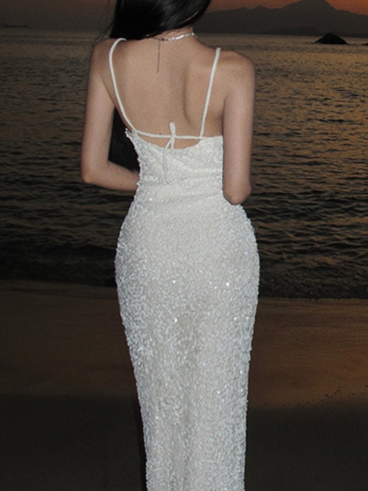 Velvet Collar Bud Detail Sequin Dress