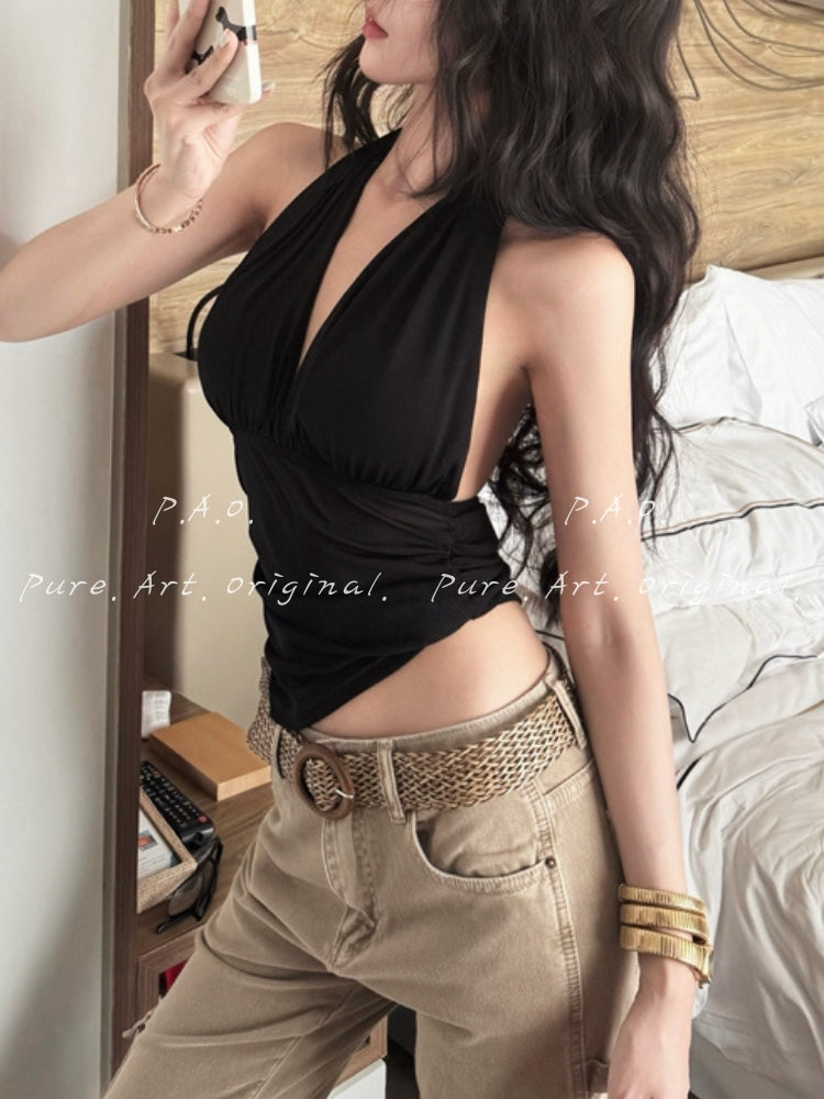 Halter Deep V Ruched Mesh Backless Top