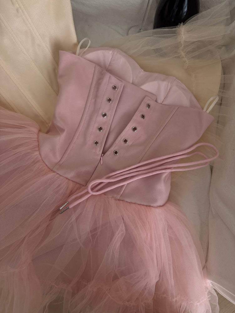 Rhinestone Corset Strapless Puff Mini Dress