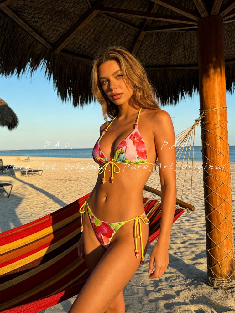 WATERCOLOR FLORAL HALTER TRIANGLE BIKINI SET