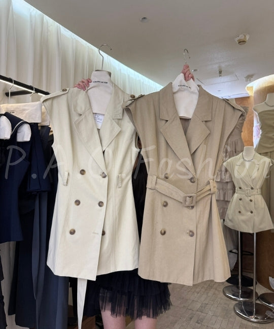 Sleeveless Double-Breasted Blazer Dress with Belt