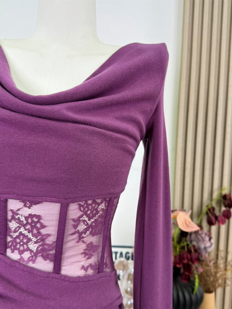 Lace Cutout Corset Detail Long Sleeve Dress