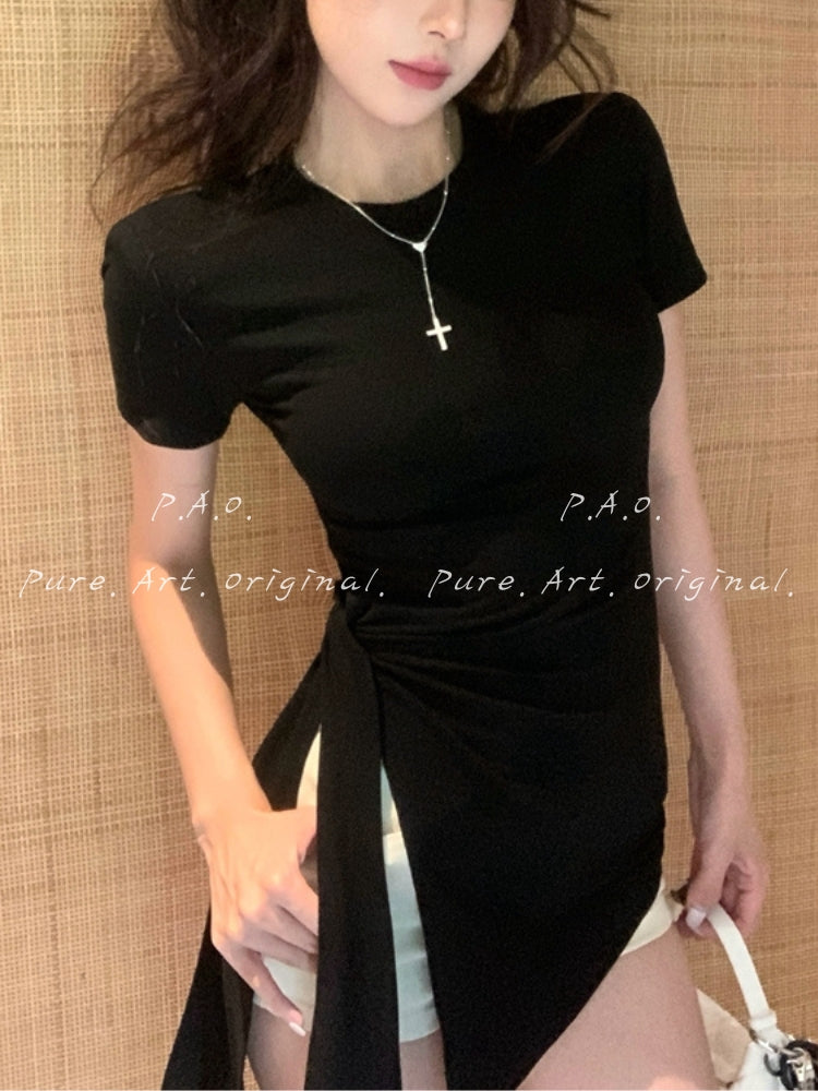 Side Ruched Tie-Up Crop Tee