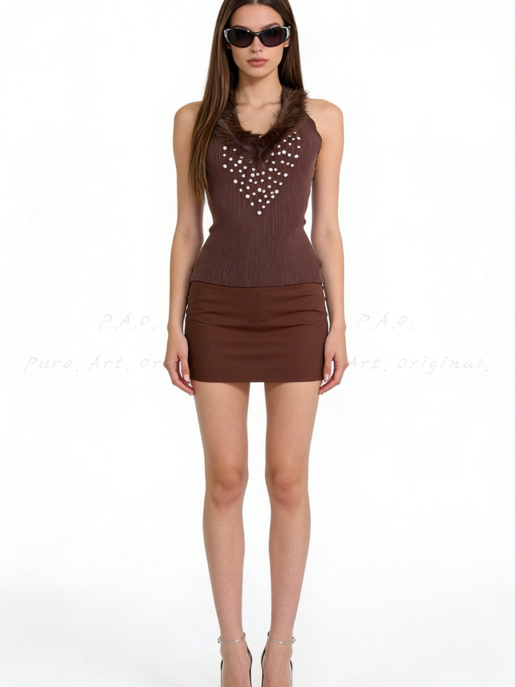 Faux Fox Fur & Hand-Embellished Rhinestone Knit Vest