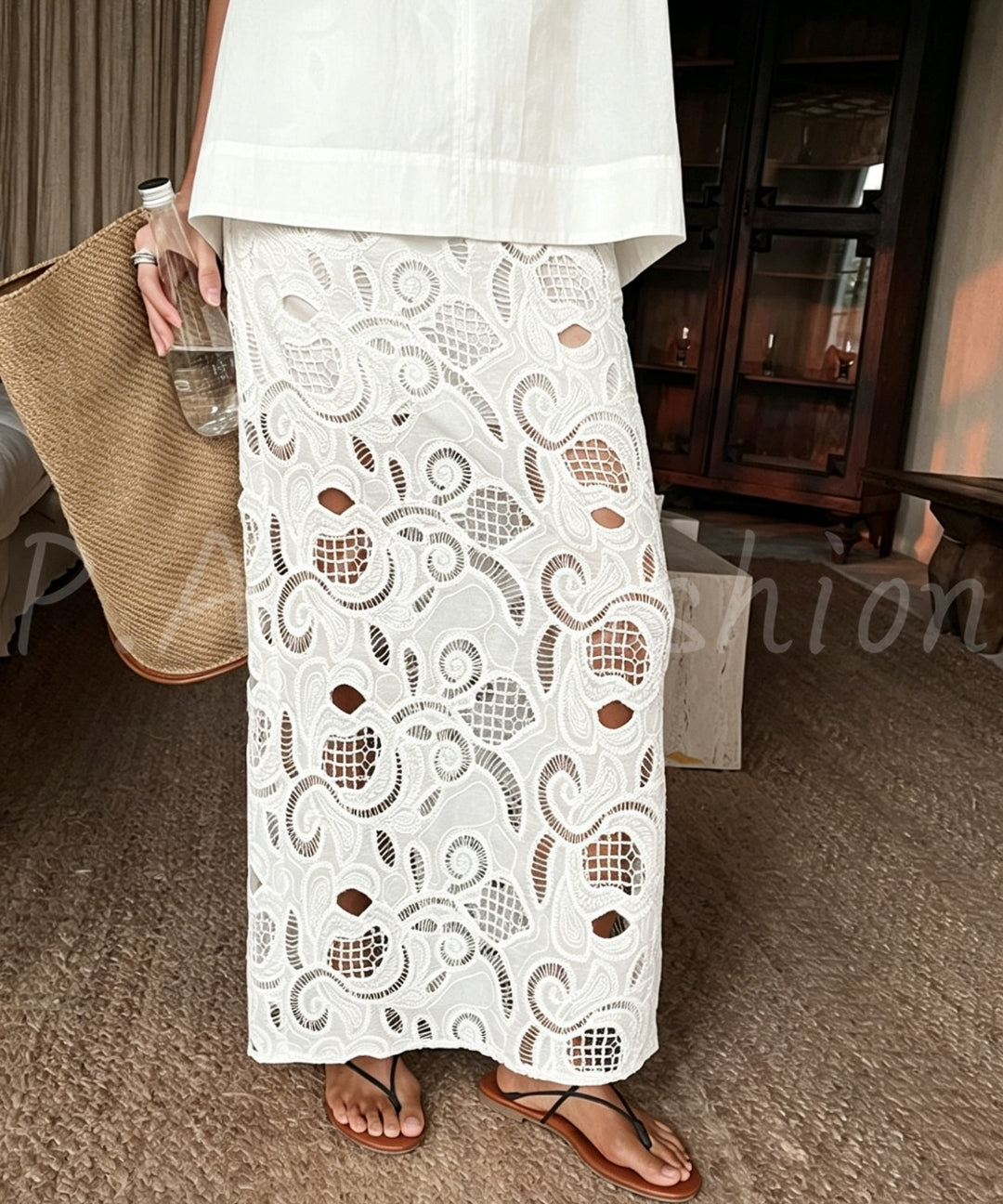 Cotton Eyelet Embroidered High-Waisted Maxi Skirt[Available Now]