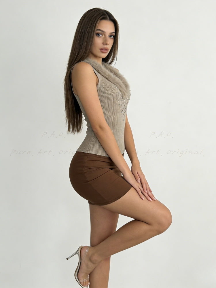 Faux Fox Fur & Hand-Embellished Rhinestone Knit Vest