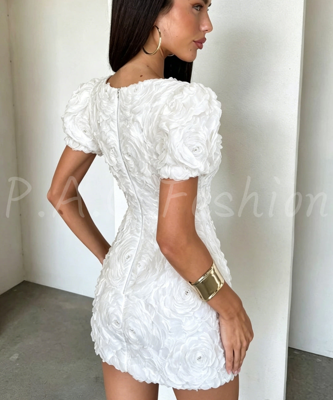 3D Rose Embellished Puff Sleeve Dress[Available Now]