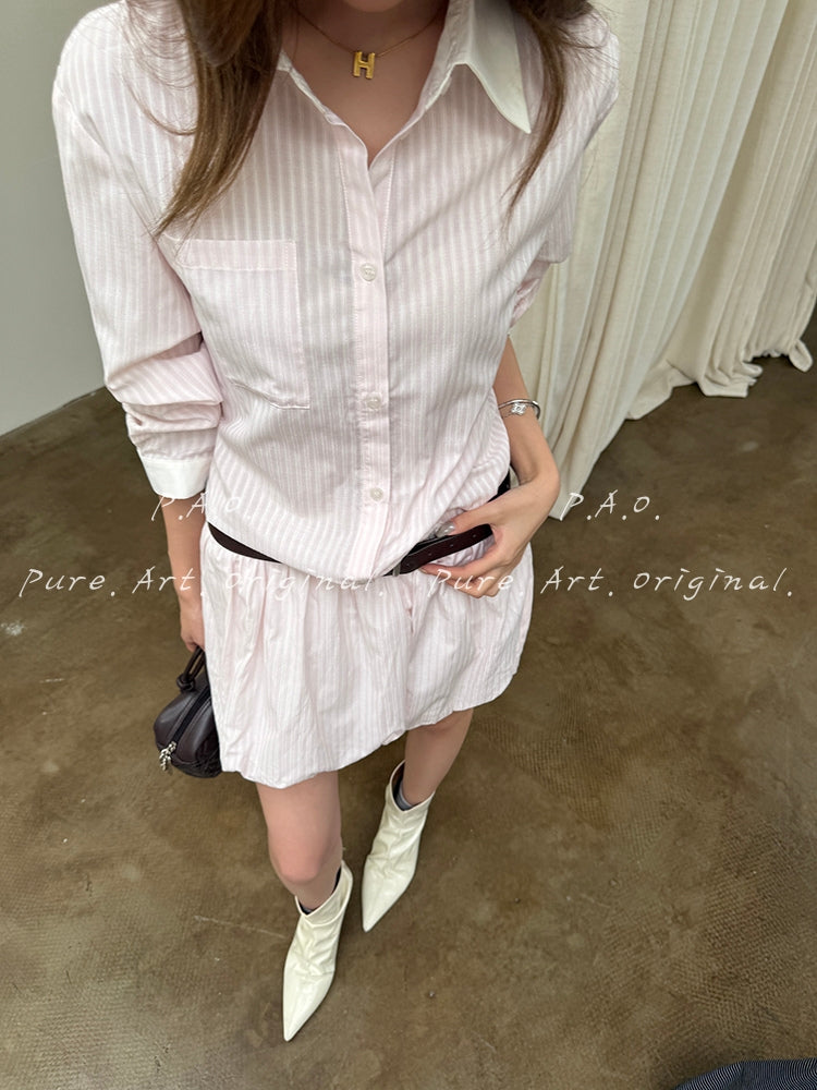 Blush Stripe Bubble Hem Shirt Dress
