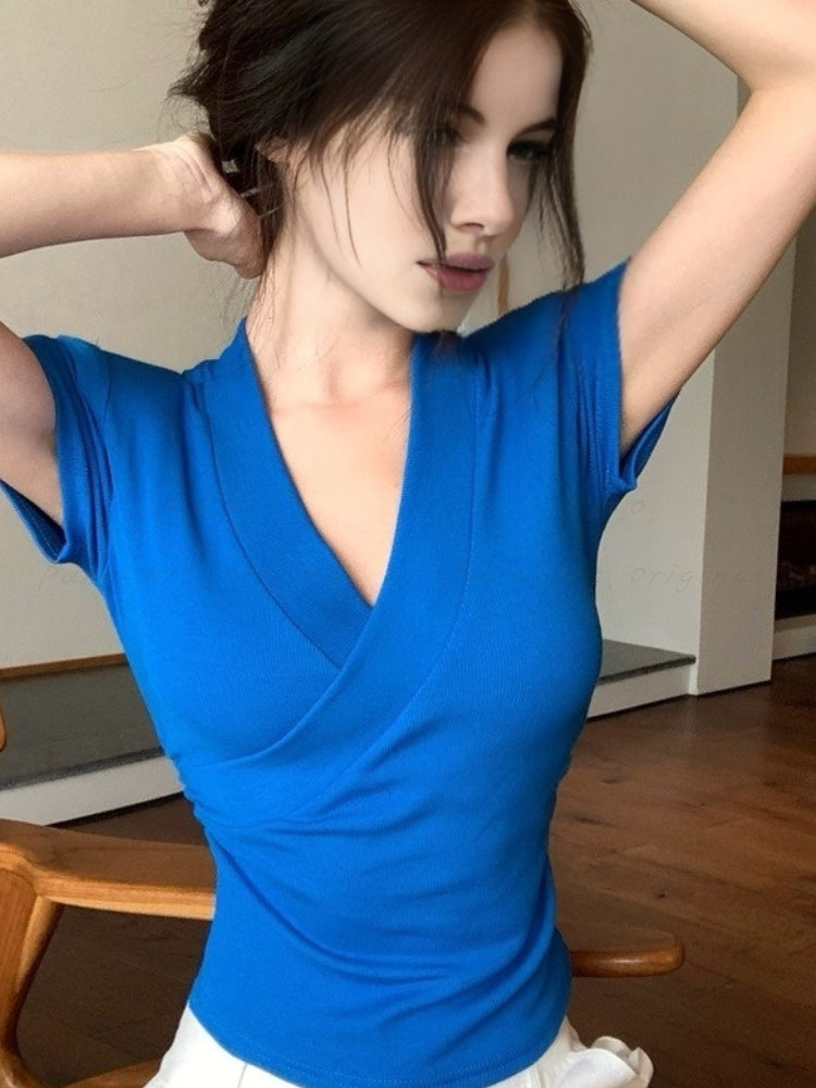 Cross-Front V-Neck Short Sleeve T-Shirt