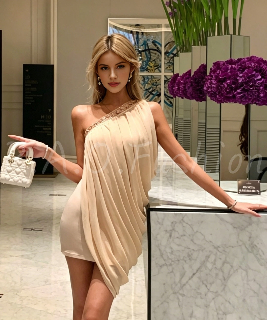 Rhinestone One-Shoulder Draped Mini Dress