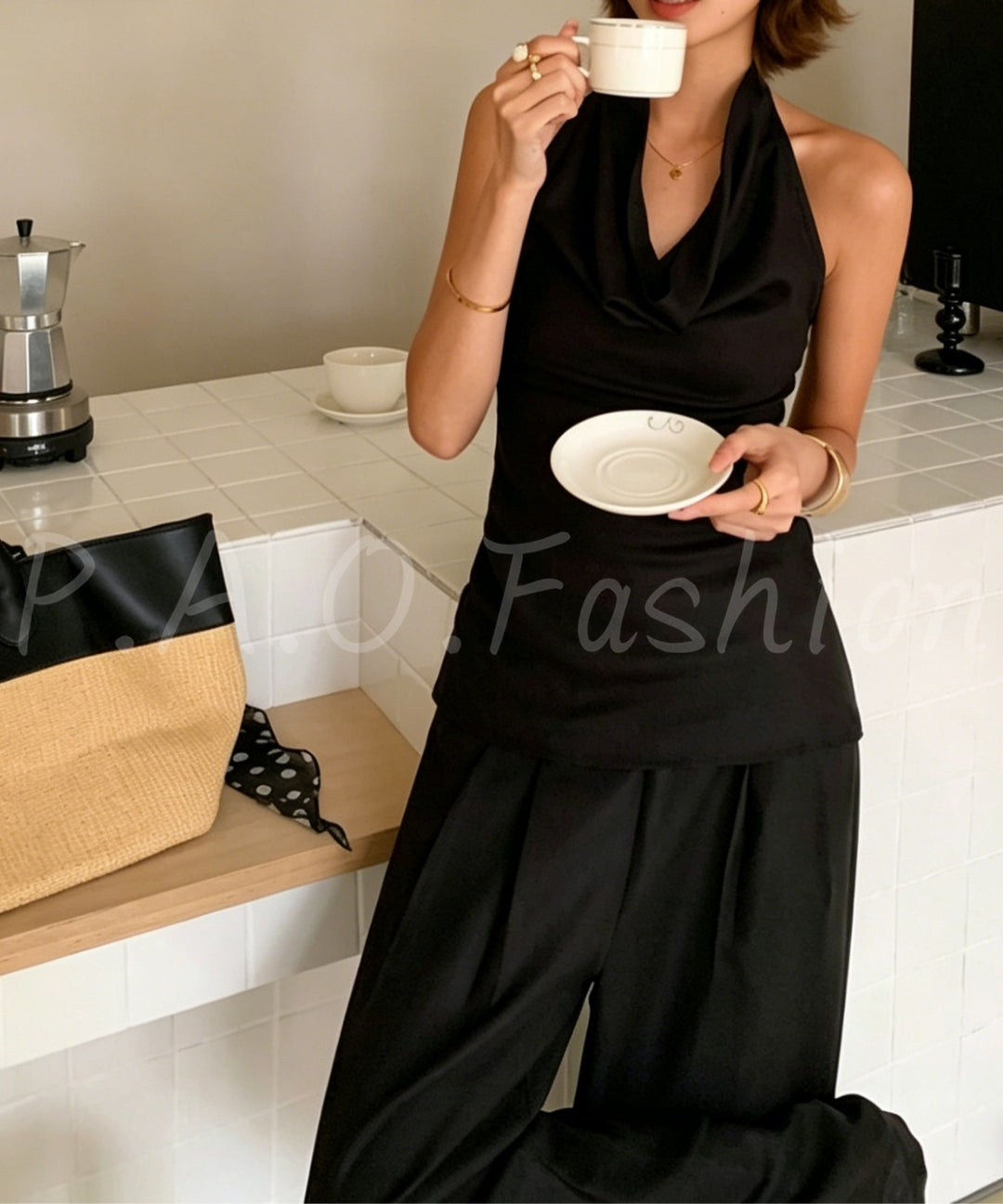 Draped Halter Top & Wide-Leg Pants Set[Available Now]