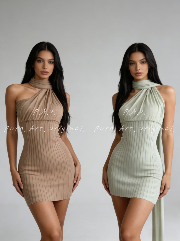 Asymmetrical Halter Tie Ribbed Bodycon Mini Dress