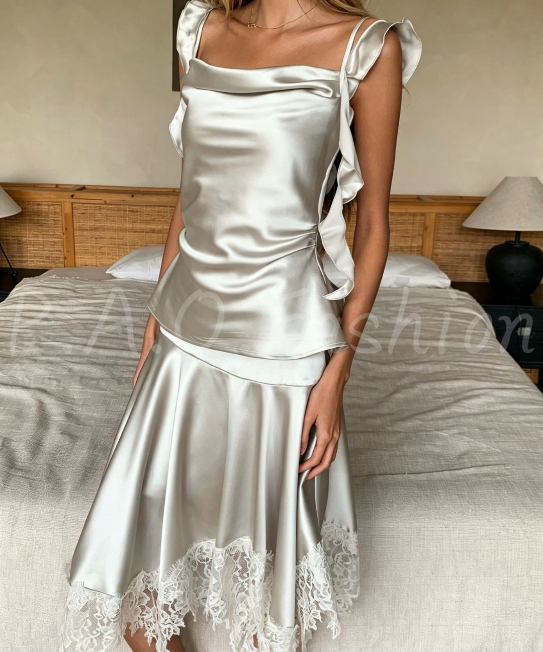 Pearl Satin Cowl Neck Top & Asymmetric Lace Skirt Set