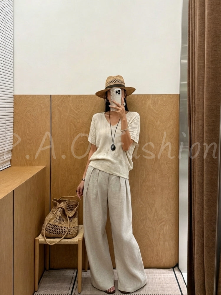 Linen-Lyocell Blend Batwing Sleeve V-Neck Knit Top