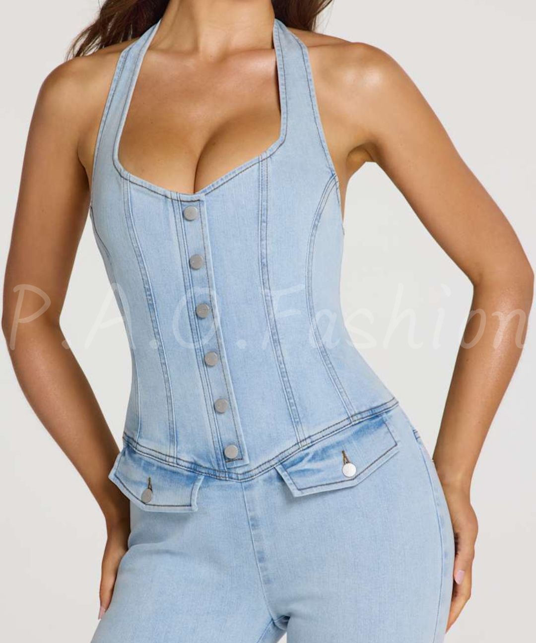 Halter Denim Capri Jumpsuit