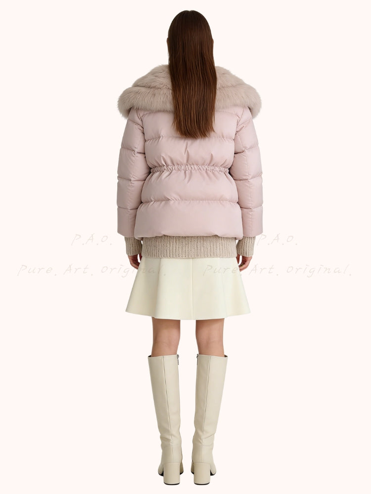 Warm Down Jacket with Turn-Down Collar & Detachable Fur Trim