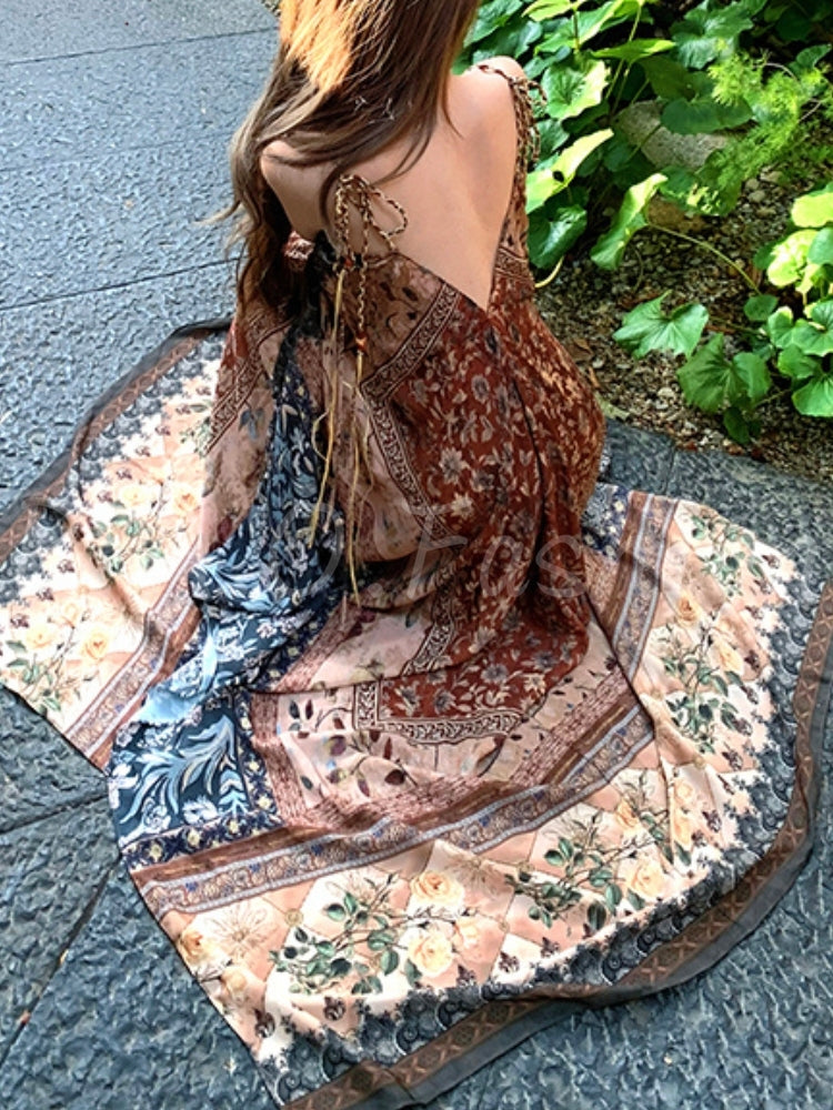 Boho Print Tassel Halter Flowy Maxi Dress