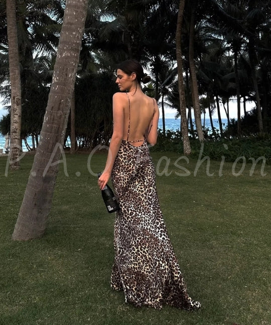 Leopard Print Backless Mermaid Maxi Dress