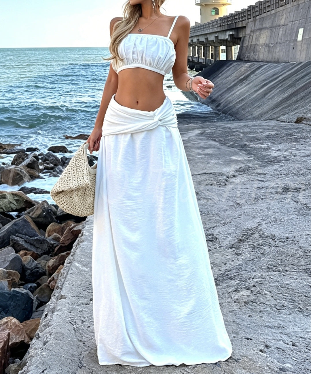 Textured Ruched Crop Top & Twisted Waist Maxi Skirt Two-Piece Set