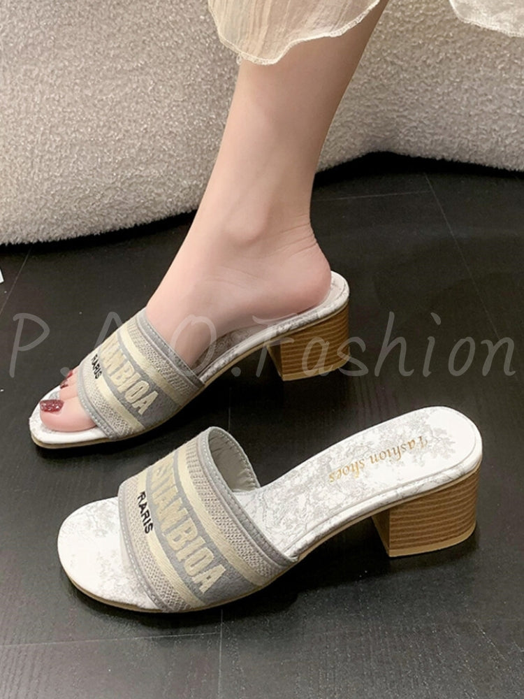 Embroidered Square-Toe Block Heel Slide Sandals