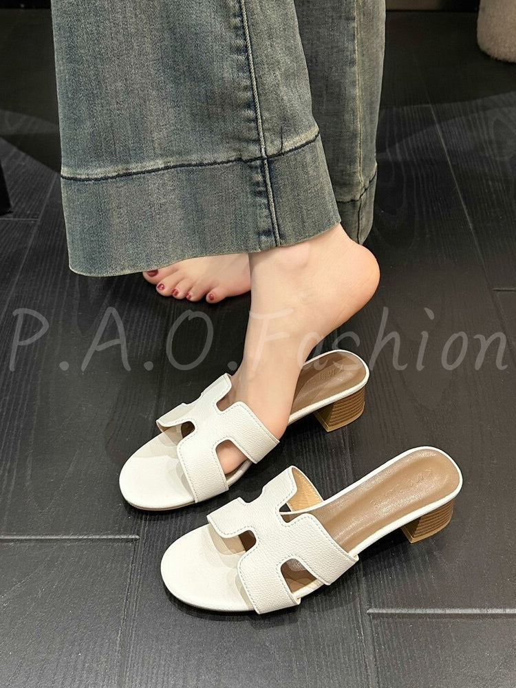 Classic H-Strap Square-Toe Block Heel Slide Sandals