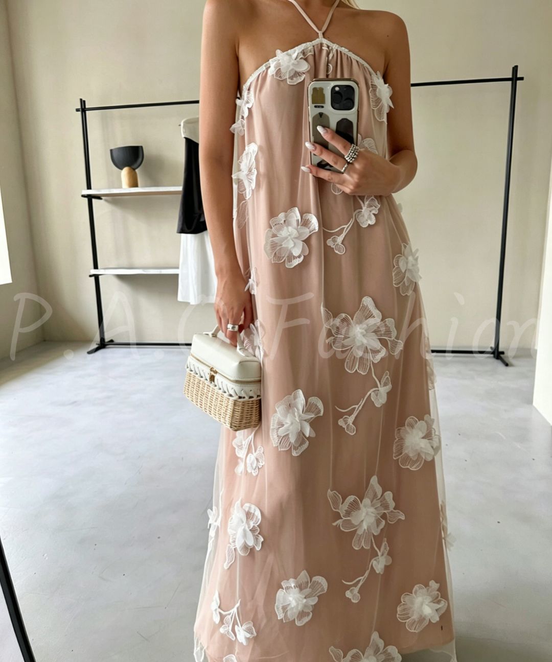 Floral Halter Mesh Maxi Dress