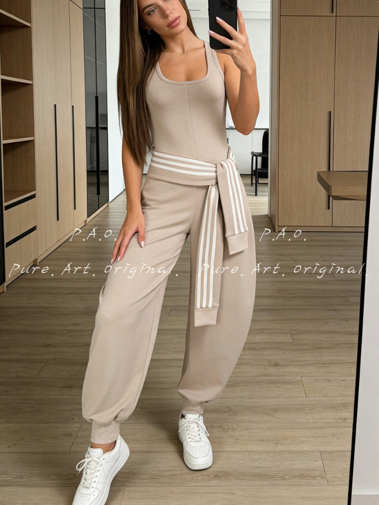 U‑Neck Contrast Striped Tie‑Up Zipper Barrel Jumpsuit