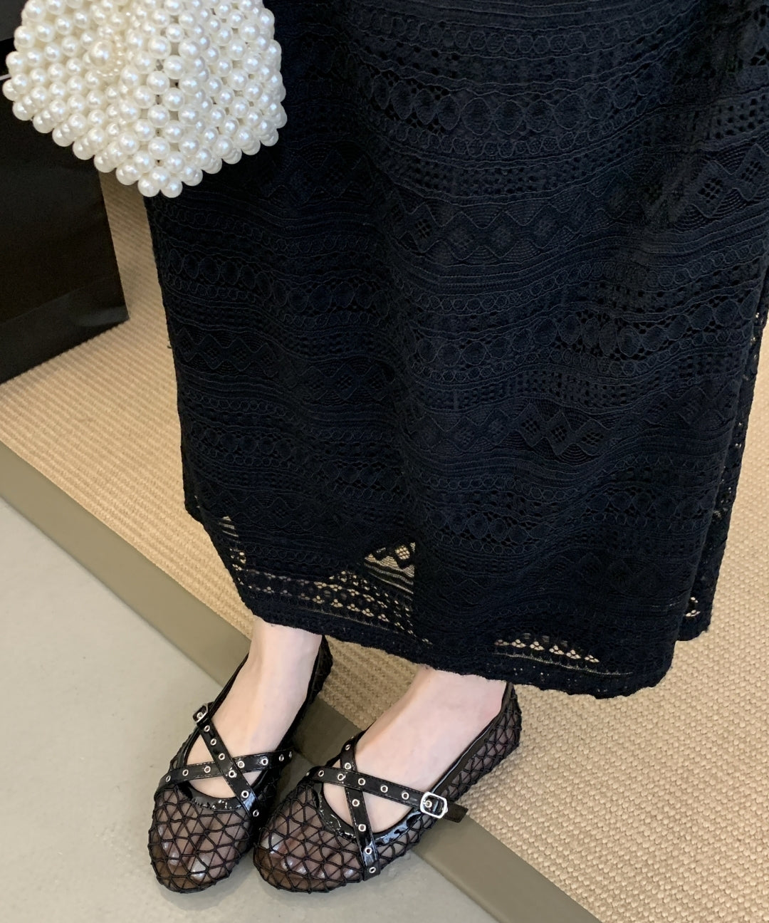 Fishnet Mesh Mary Jane Flats with Double Strap
