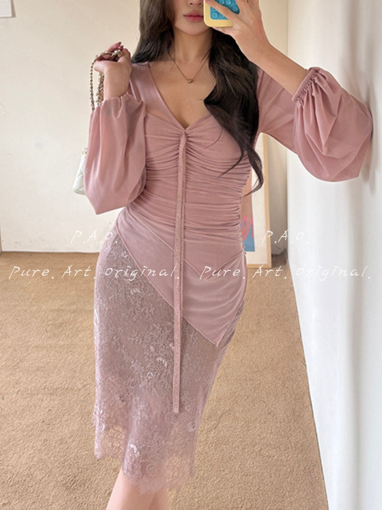 V-Neck Mesh Lace Skirt Set