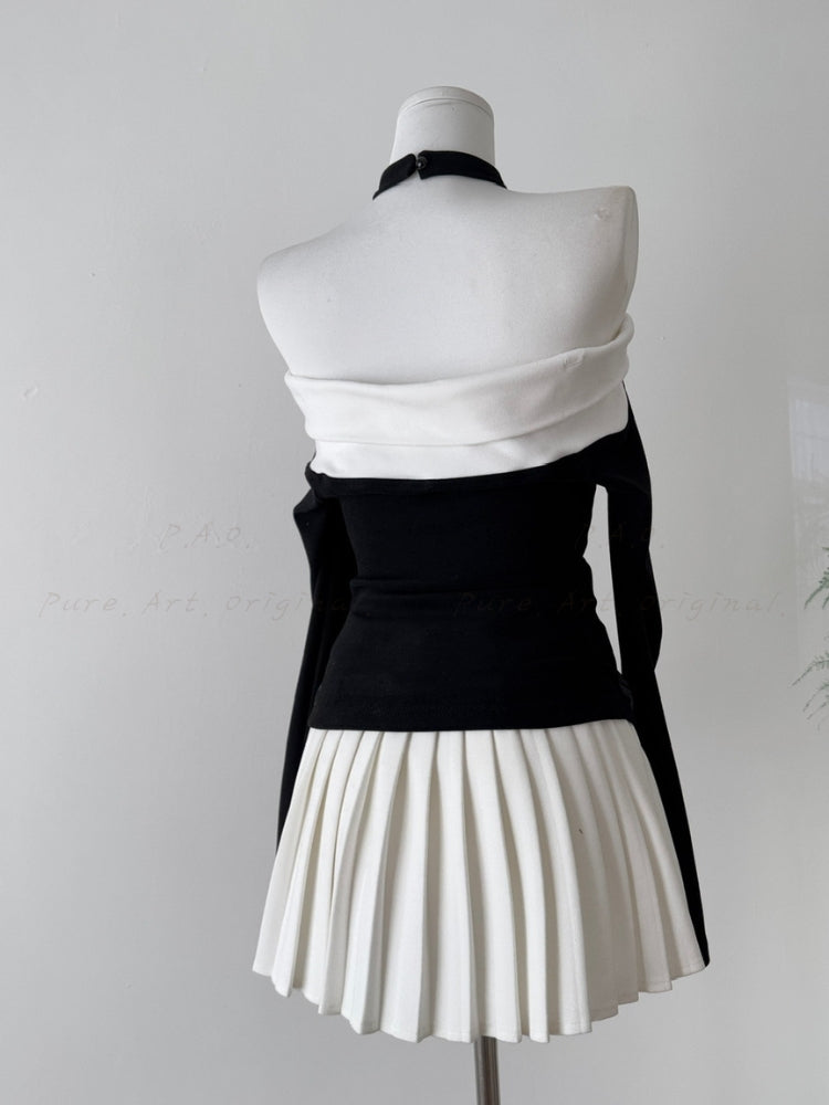 Contrast Off-Shoulder Halter Top & Pleated Skirt Set