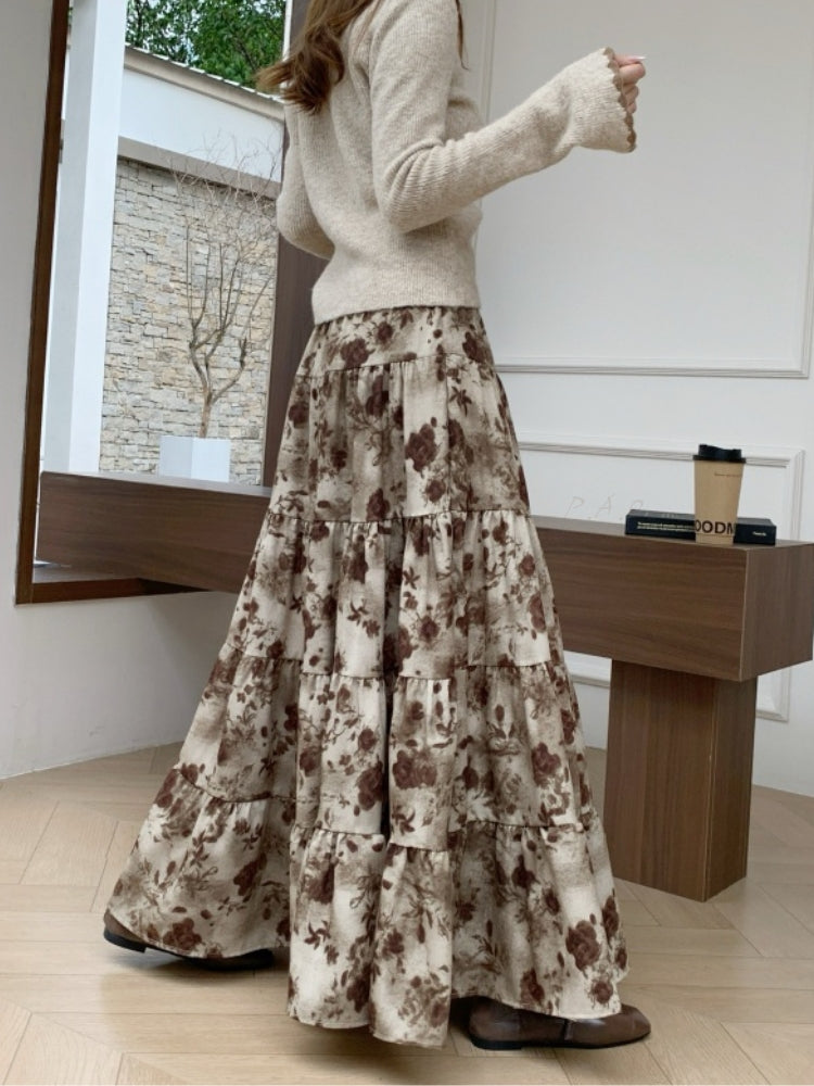 Floral Print Layered A-Line Maxi Skirt