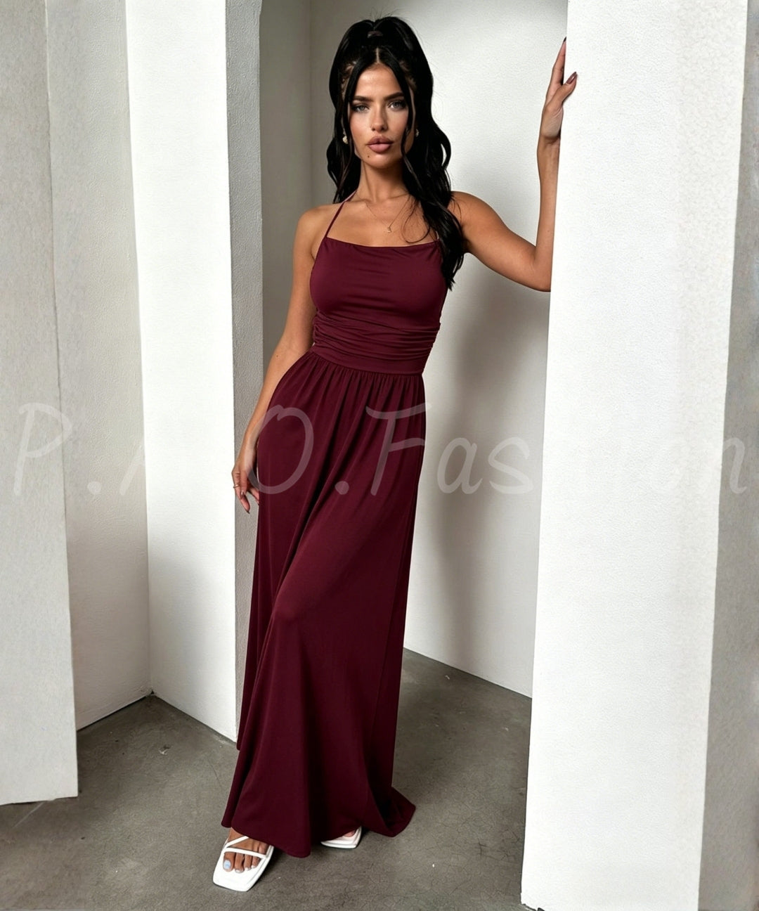 Ancona Red Knit & Woven Panel Camisole Maxi Dress[Available Now]