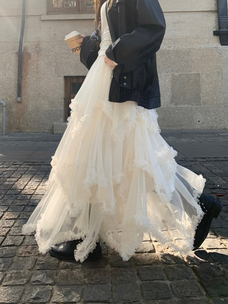 Ruffled Mesh Panel Midi Skirt