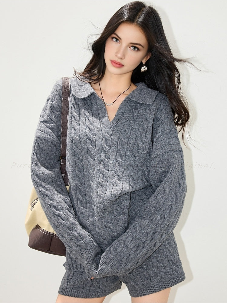 Polo Collar Cable-Knit Sweater & Shorts Two-Piece Set