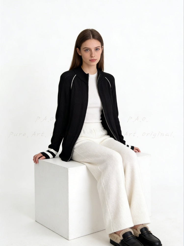 Vintage Contrast-Trim Zip Knit Cardigan